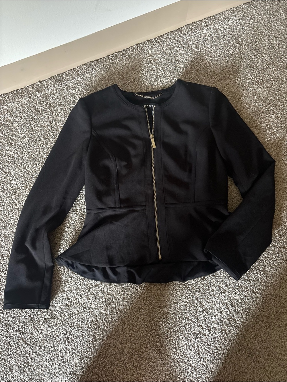 DKNY Black Peplum Zip Jacket with Gold Hardware